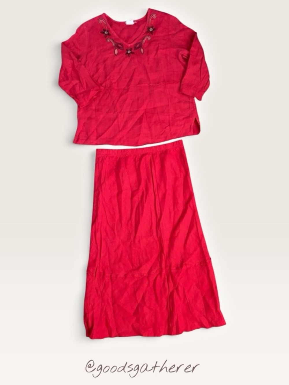 VINTAGE 100% Linen Hot Cotton 2 Piece Set L Red Embroidered Tunic Maxi Skirt
